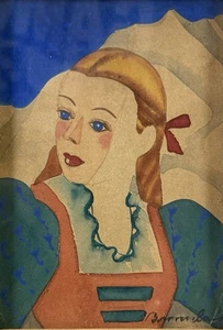Europa Mitte 20. Jh., Vintage Aquarell Gemälde, Portrait eines Mädchens in Volkskleidung - Bild 1 von 8