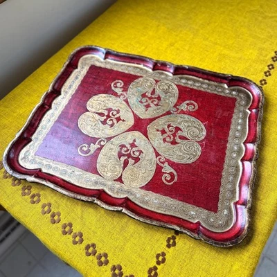 Bandeja florentina italiana vintage pintada a mano roja y dorada Foto 1 de 4