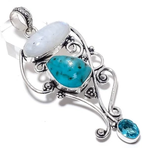 Piedra lunar arco iris natural, colgante de plata con piedras preciosas turquesa 3,0" Y074 - Imagen 1 de 8