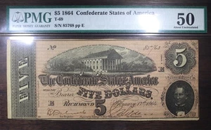 1864 $5 Confederate States Of America T-69 PMG 50 Tears - Picture 1 of 2