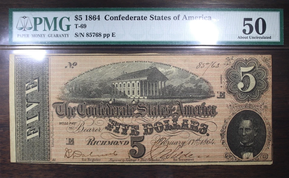 1864 $5 Confederate States Of America T-69 PMG 50 Tears - Image 1 of 2
