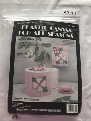 Vtg 1990 Needlecraft Ala Mode Plastic Canvas Tissue Cover Plate Kit Pink Dogwood - Image 1 of 4