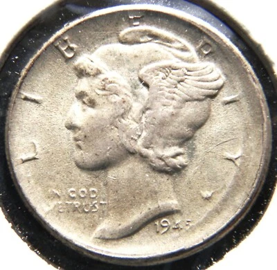 1945 (P) MERCURY DIME, CHOICE AU, BROADSTRIKE @ K=4:00, SCARCE, LIGHT STRIKE - Image 1 of 2