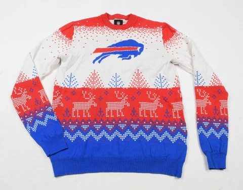 NFL Team Apparel Buffalo Bills Red Blue White Christmas Holiday Sweater Mens M Cover