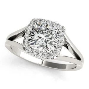 1.03 ct center Cushion cut Diamond Halo Engagement Solitaire 14k White Gold Ring - Picture 1 of 2