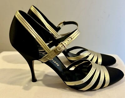 Women’s DELMAN Black Gold Size 7.5 Strappy High Heels Satin Pumps Spain Metallic - Image 1 of 4
