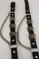 Men Biker Boots Bracelets Chain Black Leather 2 Strap Skull Skeleton Pirate Band