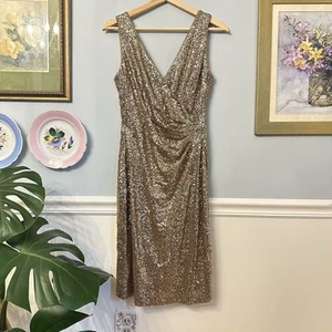 Ralph Lauren Gold Sequin Dress size 6 formal sparkle Wedding Guest Bodycon - Picture 1 of 8