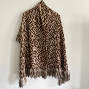 Gabriella Leopard Zebra Shawl Wrap Scarf Wool Genuine Rabbit Fur Large 28" Wide - Picture 1 of 16