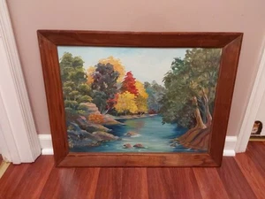 Vintage Original Framed Oil Painting – Autumn River Scene – Signed 27.5" X 21.5" - Picture 1 of 9