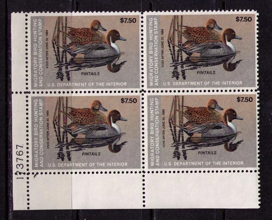 US USA Sc# RW50 MNH FVF PLATE# BLOCK Pintail Ducks - Image 1 of 1