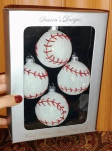 Season Design Mouth Blown Glass Baseball Glitter Ornaments 4 New Sealed Balls 3" - Picture 1 of 3