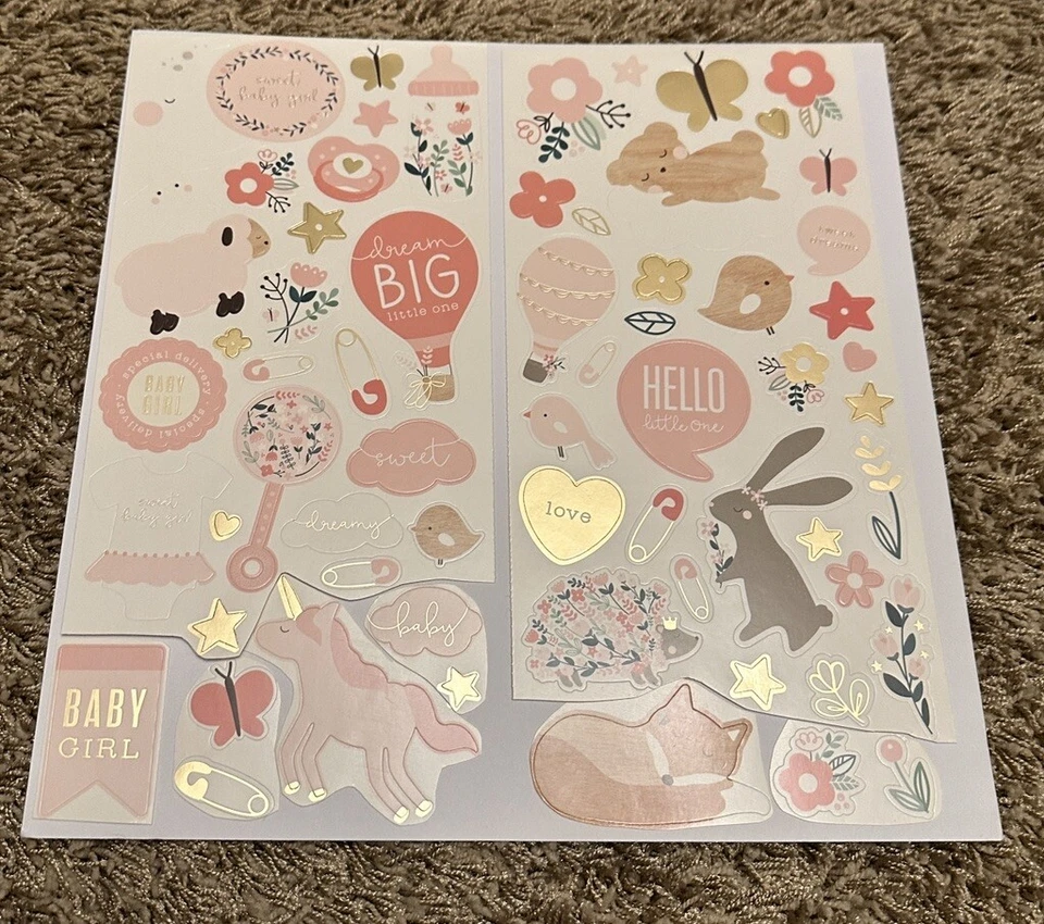 Pebbles NOCHE NOCHE NIÑA 12x12 Pegatina Bebé Rosa Oro Animales Flores Estrellas Foto 1 de 1