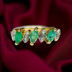 VINTAGE- 10K Gold -Natural Colombian Emerald Ring with Diamonds -sz 6 -1.7g - Picture 1 of 24