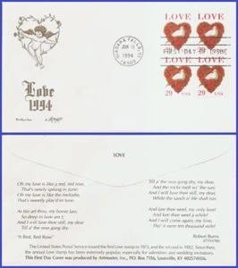 USA3 #2814C U/A ARTMASTER FDC BL4 Paloma y Rosas Love - Imagen 1 de 1