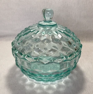 Vintage Indiana Glas Aqua bedeckt Bonboniere American Whitehall kubistisches Muster - Bild 1 von 7