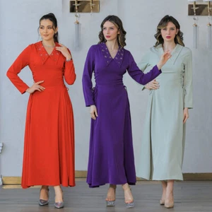 Elegant Women Dubai Abaya Luxury Evening Dresses Muslim V-Neck Slim Kaftan Gown - Picture 1 of 27