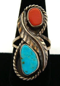 Silver Tone Southwestern Style Ring Turquoise & Coral Stones Size 9 - Picture 1 of 6