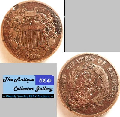 1865 US Copper Two Cent Piece 🪙 Civil War Era 🪙Antique🪙 - Image 1 of 4