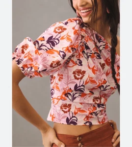 Anthropologie Maeve Puff Sleeve One Shoulder Blouse Floral Pink Asymmetrical NWT - Picture 1 of 13