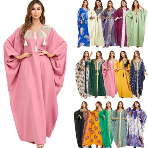 One Size Muslim Kaftan Women Long Dress Caftan Batwing Sleeve Islamic Party Gown - Picture 1 of 98