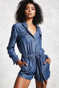 Forever 21 Dark Dednim Dolphin-Hem Chambray Rompe Small S - Picture 1 of 3