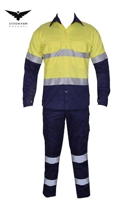 HI VIS COTTON DRILL REFLECTIVE TAPE DAY NIGHT USE WORKWEAR SAFTEY SHIRTS & PANTS - Image 1 of 4