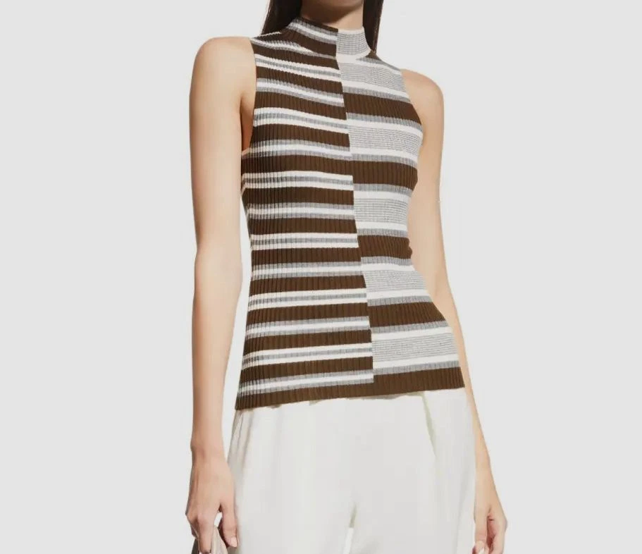 Theory Wool Multi-Stripe Sleeveless High Neck Top Size L