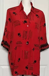 LIZ BAKER LONG RED BLOUSE WITH BLACK FLOWERS / LACE ON SLEEVES sz XL - Picture 1 of 7