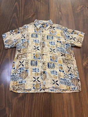 HAGGAR Hawaiian Shirt Mens Large Brown Blue Rayon Aloha Tropical Button Front - Image 1 of 4