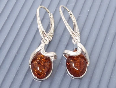 Vintage Sterling Silver Yellow Baltic Amber Dangle Pierced Earrings - Image 1 of 3