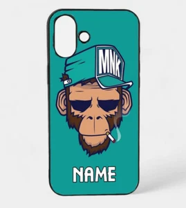Personalisierte Hülle Smoking Monkey iPhone 16 schwarz + individueller Name - Textfarbe wählbar - Bild 1 von 1