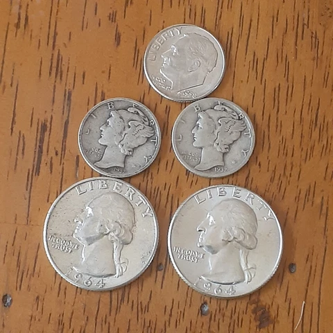 Lot of (5) Silver Coins. 2-1964 Washington Quarters 2-Mercury Dimes & 1 Rosie(F) Cover