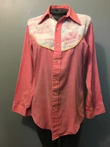 Vtg 70s 80s Ladies Kids Western Hippy Shirt Boys 18 Womens S Cowboy Poly Cotton - Picture 1 of 12