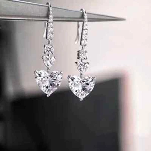 Heart Hook Dangle Earring Her 14k White Gold Plated Silver Lab Created Diamond - Picture 1 of 6