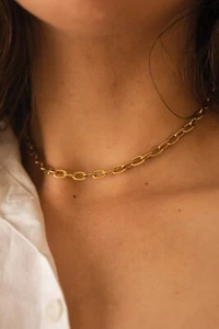 18k Gold Thick Link Chain Necklace, Minimalist Layered Chunky Paper Clip Choker - Picture 1 of 6