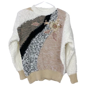 Vintage 80s Needles & Yarn Art To Wear Beads Nubby Goldbergs Sweater Womens Sm - Picture 1 of 7