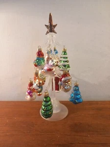 VINTAGE GLASS CHRISTMAS TREE DECORATIONS X12, ON A GLASS LED LIGHTED TREE - Picture 1 of 24