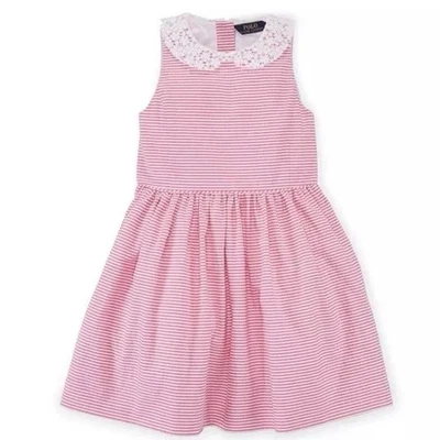 Girls Polo Ralph Lauren Striped Dress Crochet Collar Size 5 Pink White - Image 1 of 4