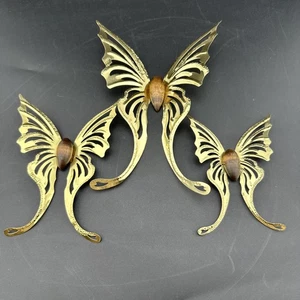 SET OF 3 Vintage MCM Butterflies 3-D Goldtone Metal and Wood Wall Decor HOMCO. - Picture 1 of 9