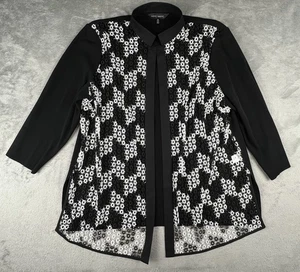 Ming Wang Strickjacke Jacke 1X schwarz weiß Häkelspitze offen Tunika Mandarinkragen - Bild 1 von 11