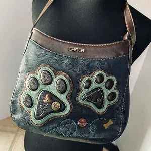 Chala Dark Blue Double Paw Prints Crescent Crossbody Tote Bag Purse - Picture 1 of 12