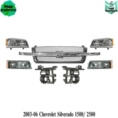 Grille & Headlight Kit & Brackets Set For 2003-06 Chevrolet Silverado 1500/ 2500 Foto 1 de 4