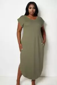 Plus Size Long Midi Dress Hidden Pocket Batwing Sleeve V Neck - Picture 1 of 5
