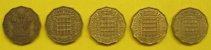 Lot of 5 Great Britain Brass Three Pence 1937,1956,1959,1965,1967 Take a Look - Picture 1 of 2
