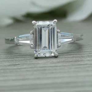14k White Gold Plated Created Diamond 2Ct Emerald Cut Women's Gift Wedding Ring - Picture 1 of 6