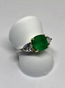 3 Stone Natural Emerald and Diamond Platinum and 18K Gold Ring  - Picture 1 of 3