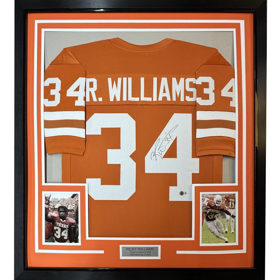 Camiseta deportiva enmarcada autografiada/firmada Ricky Williams 35x39 Texas naranja certificado de autenticidad JSA Foto 1 de 2