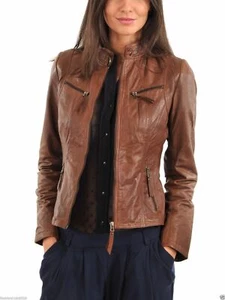 New Women's Leather Jacket 100% Soft Brown Lambskin Biker Leather Jacket  NFS021 - Picture 1 of 10