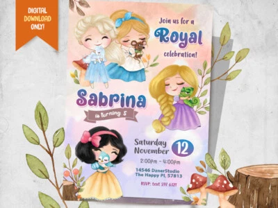 Princess DIGITAL Invite + FREE Thank You Card, Disney Party Card - YOU PRINT - Image 1 of 2